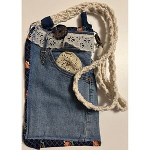 Denim Upcycled Crossbody Bag Floral Trim Crochet Detail Handmade Unique